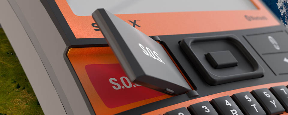 Botão SOS do SPOT X com aba protetora — acionamento de resgate via satélite